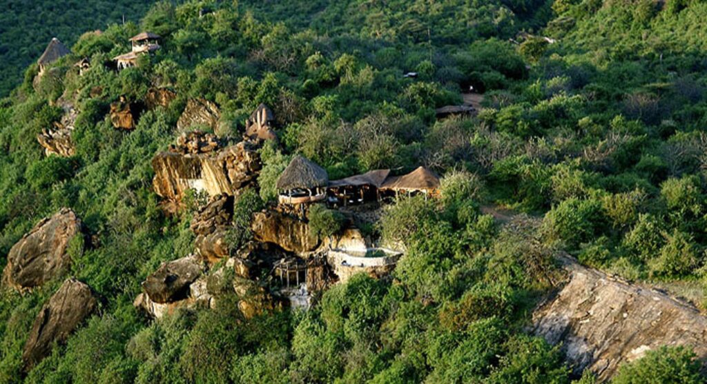 Aerial view of Tassia Lodge built into the hillside