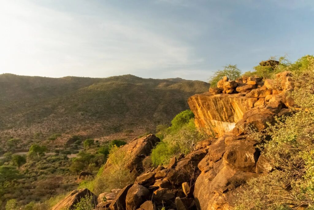Golden kopje rocks and Mukogodo hills at Tassia Lodge